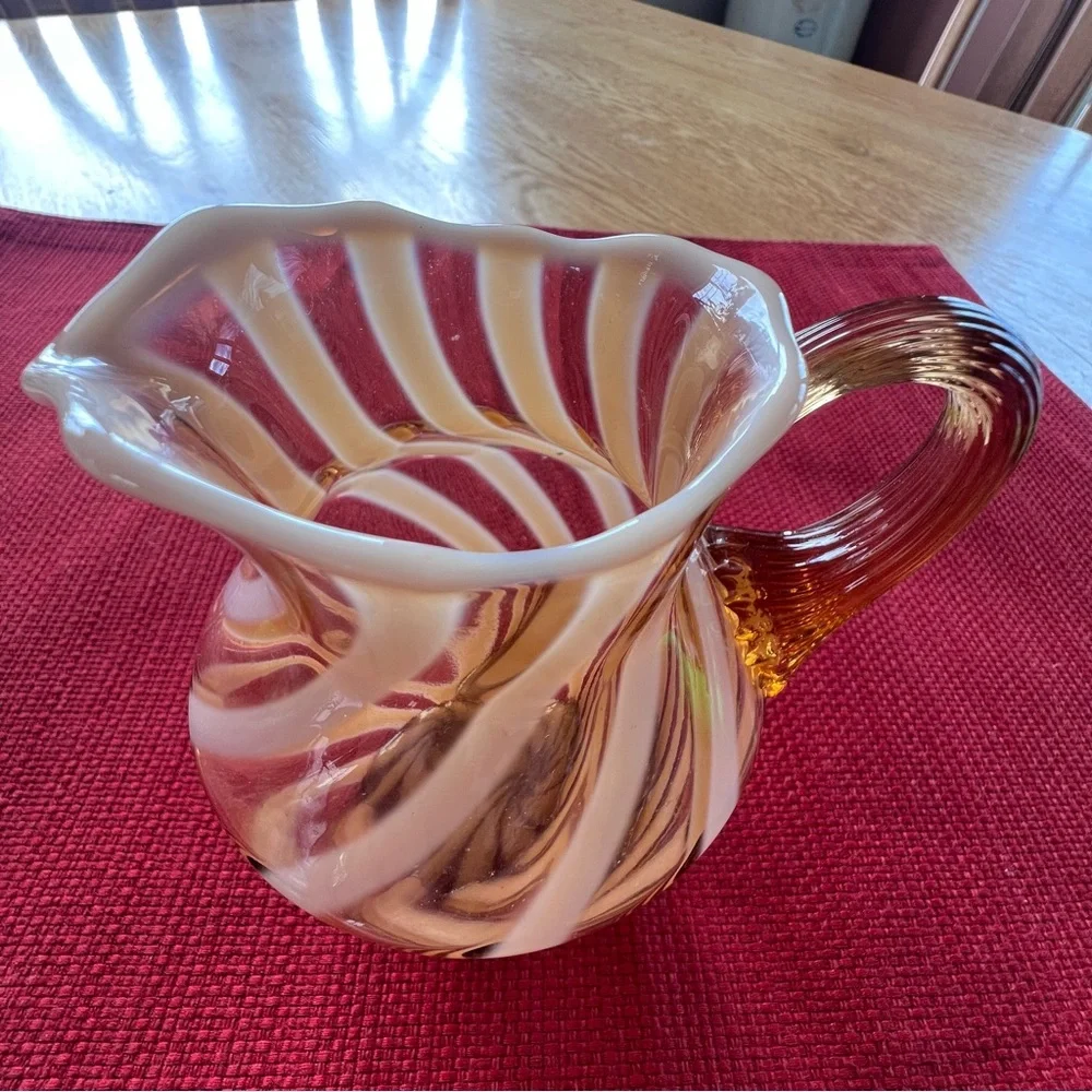 Fenton cameo opalescent glass spiral optic creamer or small pitcher.
